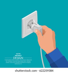 The hand includes an electrical plug in the socket. Contact electric devices.3d style. Isometric projection. Flat design. Vector illustration.