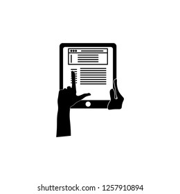 Hand increasing the news on the tablet sign. Tablet and hand sign.