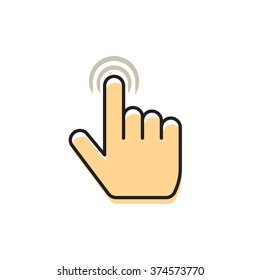 Hand index finger with abstract waves vector icon, concept of multi touch mobile phone technology, touch gesture, pointer finger flat simple design outline thin line illustration isolated on white