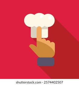 Hand with index finger extended is pointing a chef hat in a online cooking course choice concept