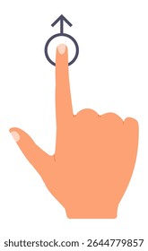 Hand with index finger extended touching a digital button with an upward arrow, symbolizing scrolling or selecting an option on a touch screen