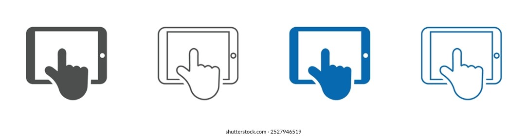 Mão com o dedo indicador em sinais modernos de tela de toque. tablet touchscreen ícones de vetor plano