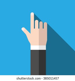 Hand with index finger pointing at something. Flat design icon with long shadow on blue background. EPS 8 vector illustration, no transparency