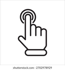 A hand with an index finger pointing and tapping, creating a circular wave effect, black and white line illustration, symbolizing a click, tap, touch, interaction, or cursor. 
