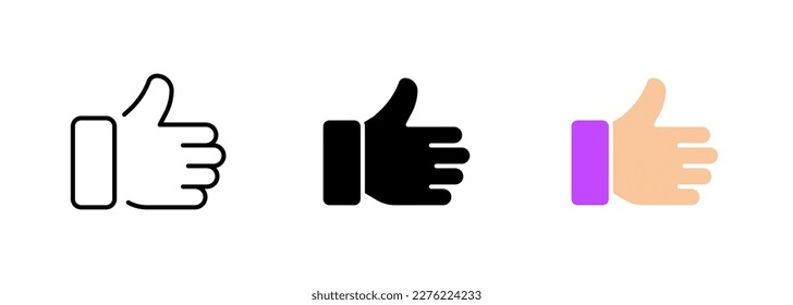A hand with the index finger pointing up, indicating approval or agreement. Vector set of icons in line, black and colorful styles isolated.