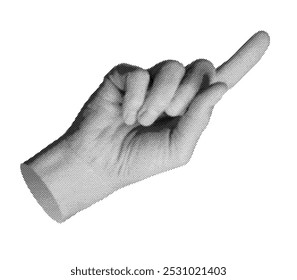 Hand, index finger pointing up. Halftone style vector isolated on white background.