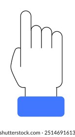 A hand with an index finger pointing upwards, outlined in black, and a blue cuff. Ideal for presentations, web design, hand icons, cursor symbols, and digital art.