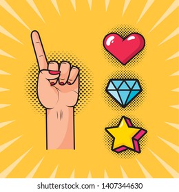 hand with index finger raised love diamond candy girl power pop art vector illustration