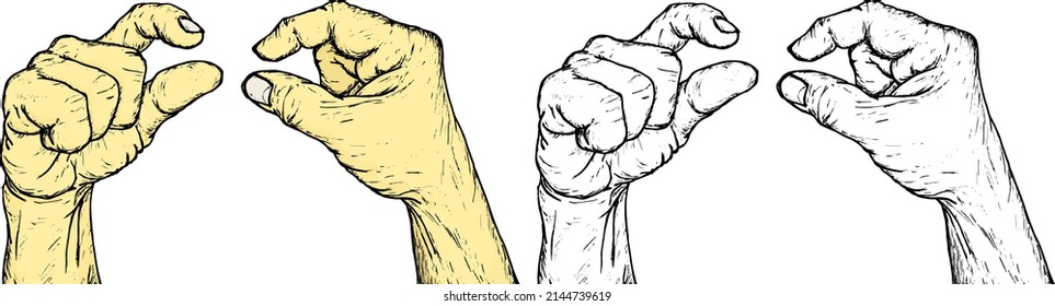 Hand with index finger and thumb nearly touching to show the little bit hand gesture signal, isolated against white. Hand drawn vector illustration.