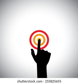 hand with index finger touching a target or pressing a button - vector icon. This also represents concepts like ambition, starting a process, beginning a task