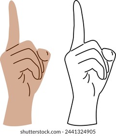 Hand with index finger up. Pointing up, pressing, or clicking gesture. Vector image in color and black outline