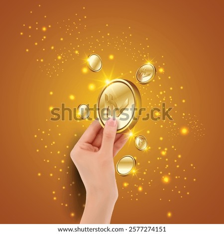 Hand with India gold coins vector background.