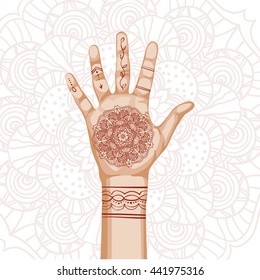 Hand with indian ethnic mehendi ornament. Vector illustration