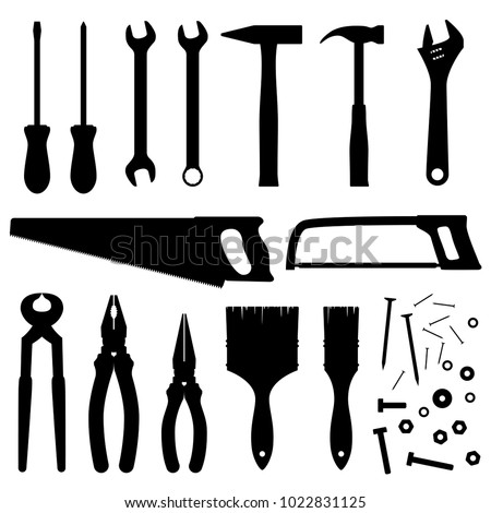 Hand industrial and building tools vector silhouettes. Handyman toolkit. Screwdriver and wrench, hammer instrument and saw illustration