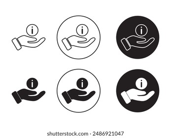 Mano con el icono de información establecido. estilo negro relleno y contorneado. Sugerencia de mano con símbolo de Vector puntiagudo.