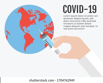 Hand injecting globe with syringe vector illustration, covid-19 related