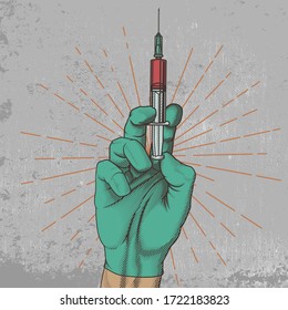 Hand Injection Syringe Vector Illustration Engraving Stock Vector ...