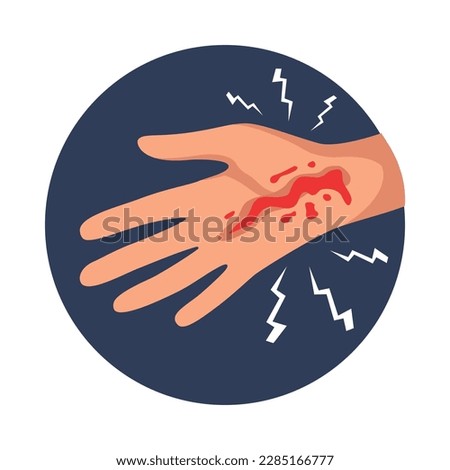 Hand injury flat round icon with serious bleeding cut vector illustration