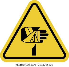 Sinal de lesão na mão. Risco de cortes, picadas ou outras lesões nas mãos quando em contato com superfícies afiadas, cortantes ou denteadas. Aviso sinal de estrada triângulo amarelo.