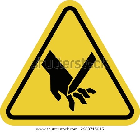 Hand injury sign. Sharp cutting or piercing objects. Cut or dangerous contact. Risk of crushing. Mechanisms with open sharp elements. Warning yellow triangle road sign.