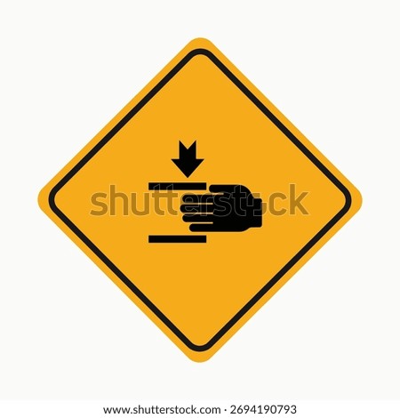 Hand injury warning sign vector. Yellow caution sign with black hand symbol, alerting to potential injuries from machinery or equipment. Safety and hazard prevention illustration.
