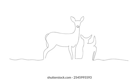 Hand ink drawing of a young dappled deer and baby deer isolated on a white background. Fawn, forest animal, vector illustration. Hand made vector not AI.