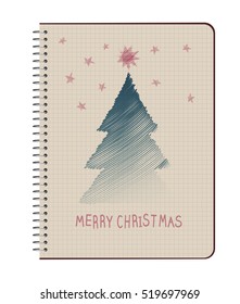 Hand ink sketch Christmas tree and stars on notebook. Vector illustration