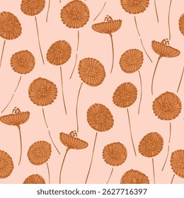 Hand inked dandelion flowers moving in the wind, forming a minimal floral pattern in colors of brown, red on off pink background. Seamless vector pattern. Great for home decor, fabric, wallpaper, etc.
