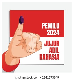 hand inked in Indonesian election day 2024 with flag background
