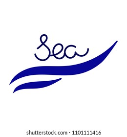 Hand inscription "sea". Waves. Vector illustration on white background.