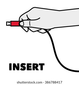 hand insert cable, isolated vector illustration.