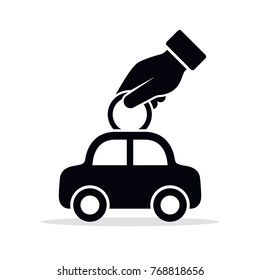Hand insert coin to car icon. Vector simple illustration of investing money in the car.