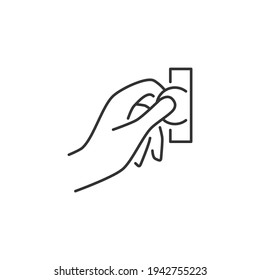 Hand Insert Coin Into the Coin Acceptor Related Vector Line Icon. Sign Isolated on the White Background. Editable Stroke EPS file. Vector illustration.
