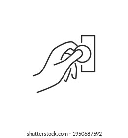 Hand Insert Coin Into the Coin Acceptor Related Vector Line Icon. Sign Isolated on the White Background. Editable Stroke EPS file. Vector illustration.