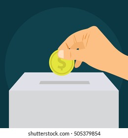 Hand insert coin into donate box. Flat style design