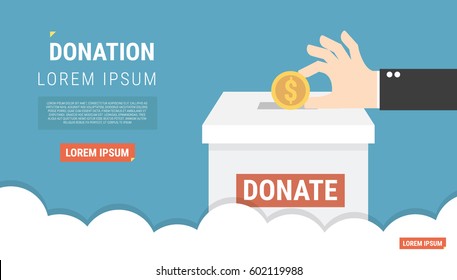 Hand insert coin into donate box. Flat style design