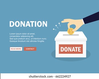 Hand insert coin into donate box. Vector illustration.