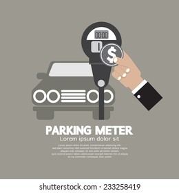 Hand Insert Coin Into Parking Meter Vector Illustration