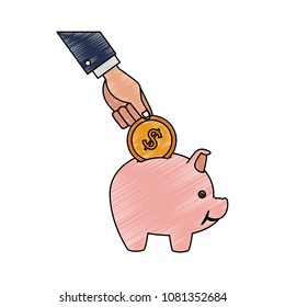Hand insert coin into piggy scribble