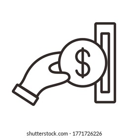 hand insert coin line style icon vector illustration design