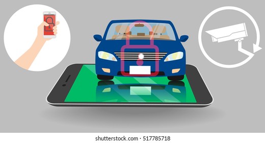 Hand Insert Coin on smartphone application refill Parking Meter and cctv for safety car Vector Illustration on wide background