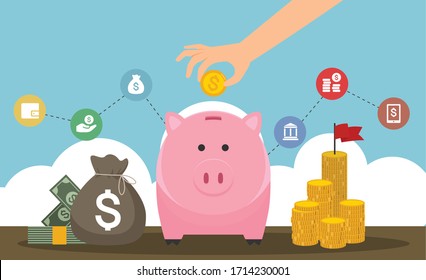 hand insert coin in pink piggy bank with related icon and money bag on sky background