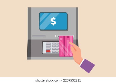 Hand insert a credit or debit card into the ATM machine. ATM concept. Colored flat vector illustration. 