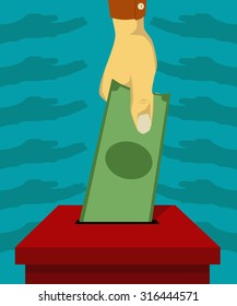 Hand insert a piece of money into a charity box