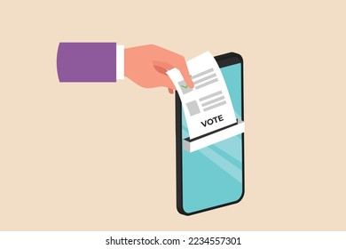 Hand insert voting paper in smartphone screen for general regional or presidential election. Voting concept. Colored flat graphic vector illustration. 