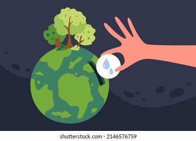 Hand insert water coin into earth for more trees. Concept of saving earth, eco friendly, saving water. International Mother Earth Day. Environmental protection. Vector illustration.