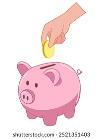 Uma mão inseriu uma moeda em um cofrinho