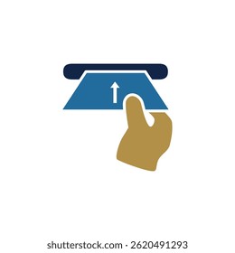 Hand inserting ATM card into ATM machine to withdraw money, simple flat style, illustration, logo sign symbol pictogram template, for ui or ux isolated on white for mobile app, editable