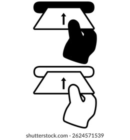 Hand inserting ATM card into ATM machine to withdraw money, simple flat style, illustration, logo sign symbol pictogram template, for ui or ux isolated on white for mobile app, editable