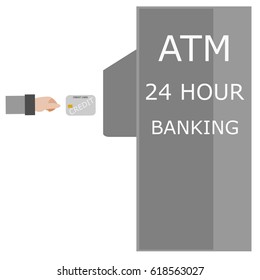 Hand inserting ATM card into bank machine to withdraw money on white background.